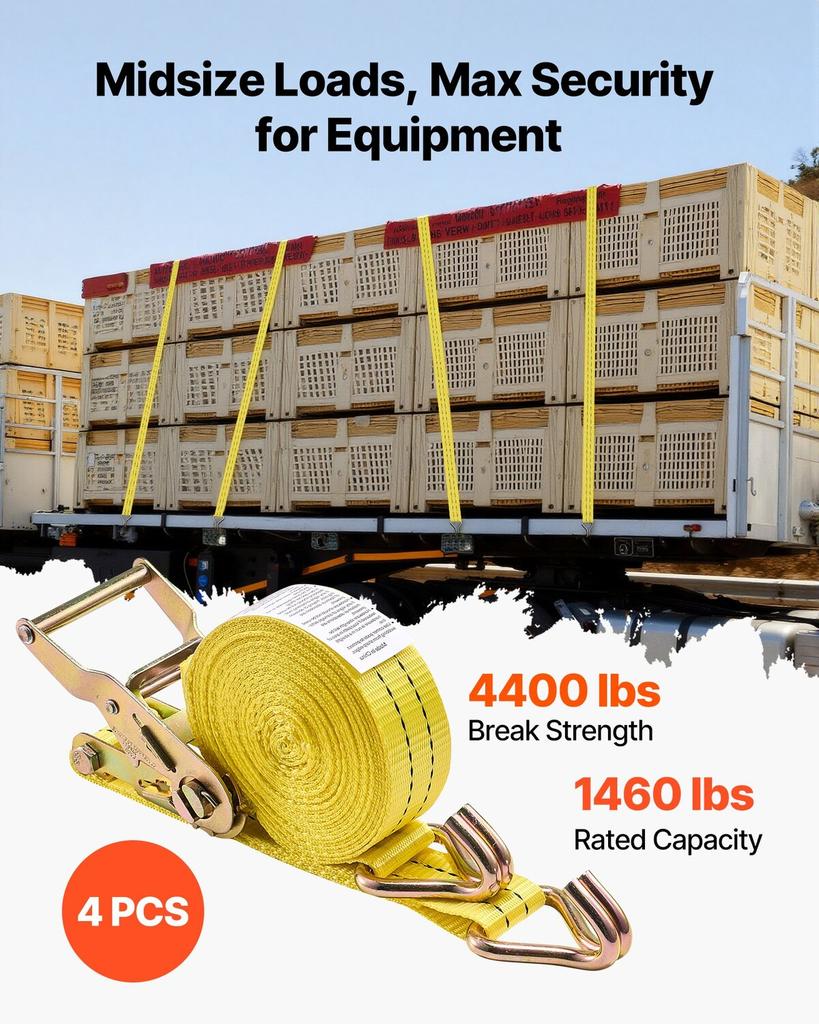 Ratchet Straps, 38.1 mm x 6.1 m, Heavy Duty Tie Down Straps with Double J Hook, 2000 kg Break Strength, Carry Bag, Tie Down Ratcheting for Moving,
