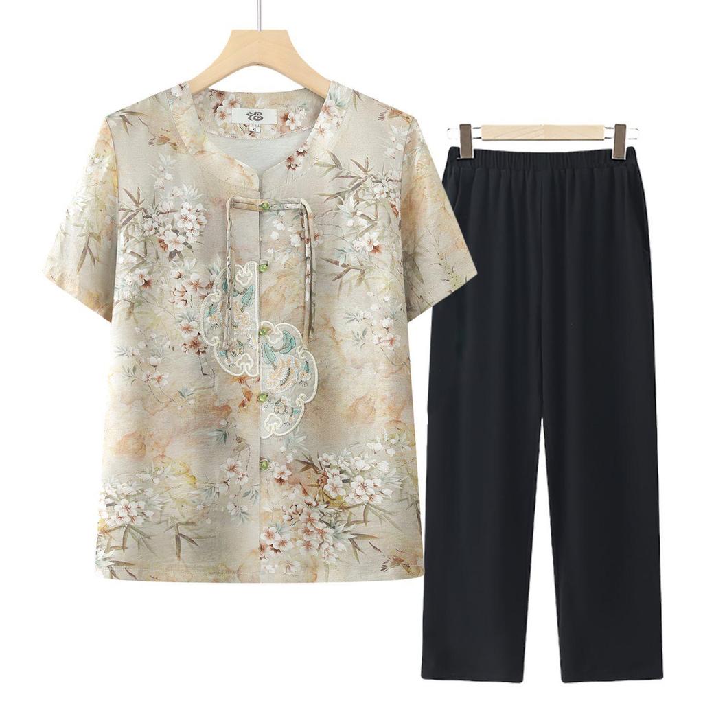 Chinese Style Summer Suit: Short-Sleeved Shirt & Cardigan Set for Middle-Aged and Elderly Women