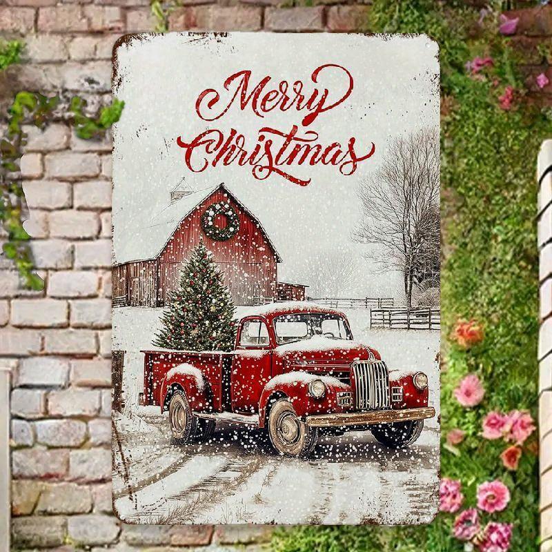 Vintage Merry Christmas Red Truck Barn Metal Tin Sign 20x30cm（7.8x11.8inch）