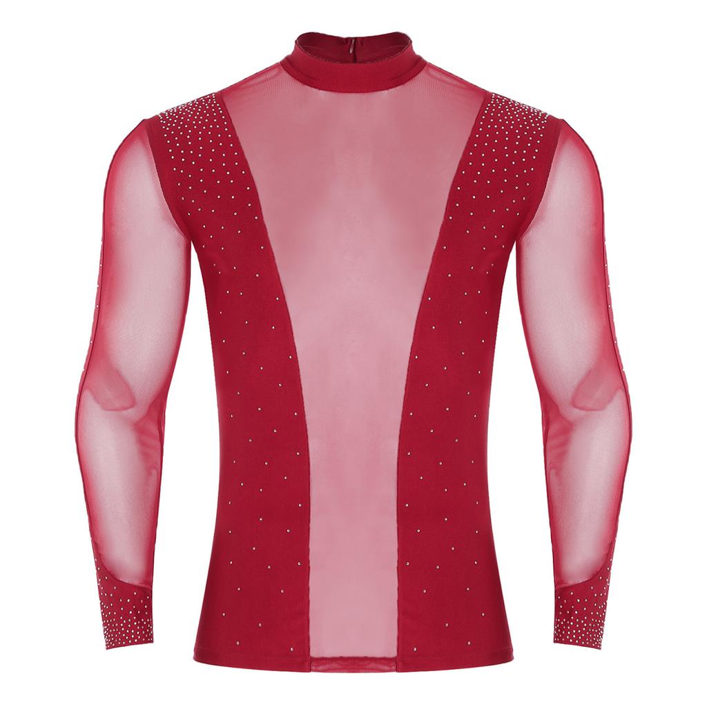 Mens Latin Dance Top Sheer Mesh Patchwork Shiny Rhinestone Mock Neck Long Sleeve T Shirt Stage Performance Blouse