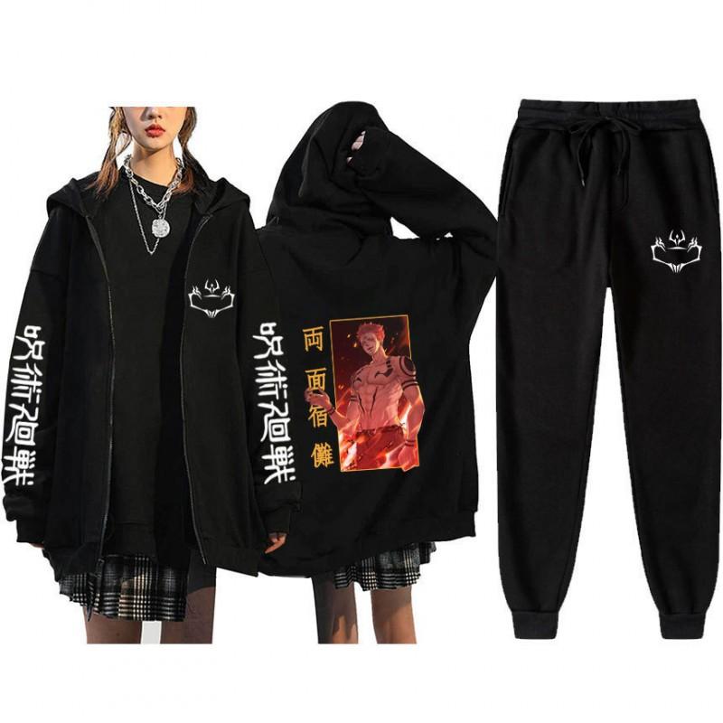 Unisex Winter Casual Sport Set With Anime Print Hooded Zip-Up Sweatshirt Jogger Pants Cotton Blend