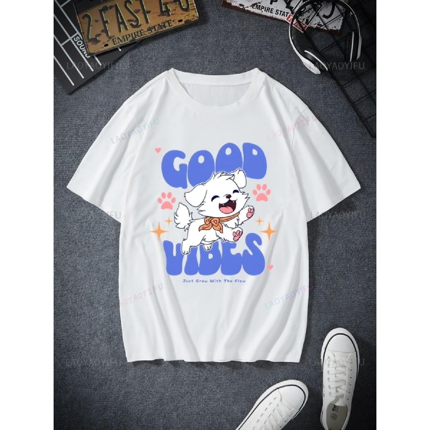 

Simple Style Printed Shirt, Cheerful Dog -GOOD VIBES, Fun Unisex Everyday Streetwear, Stylish Casual Loose Cotton T-shirt XXXXXL білий