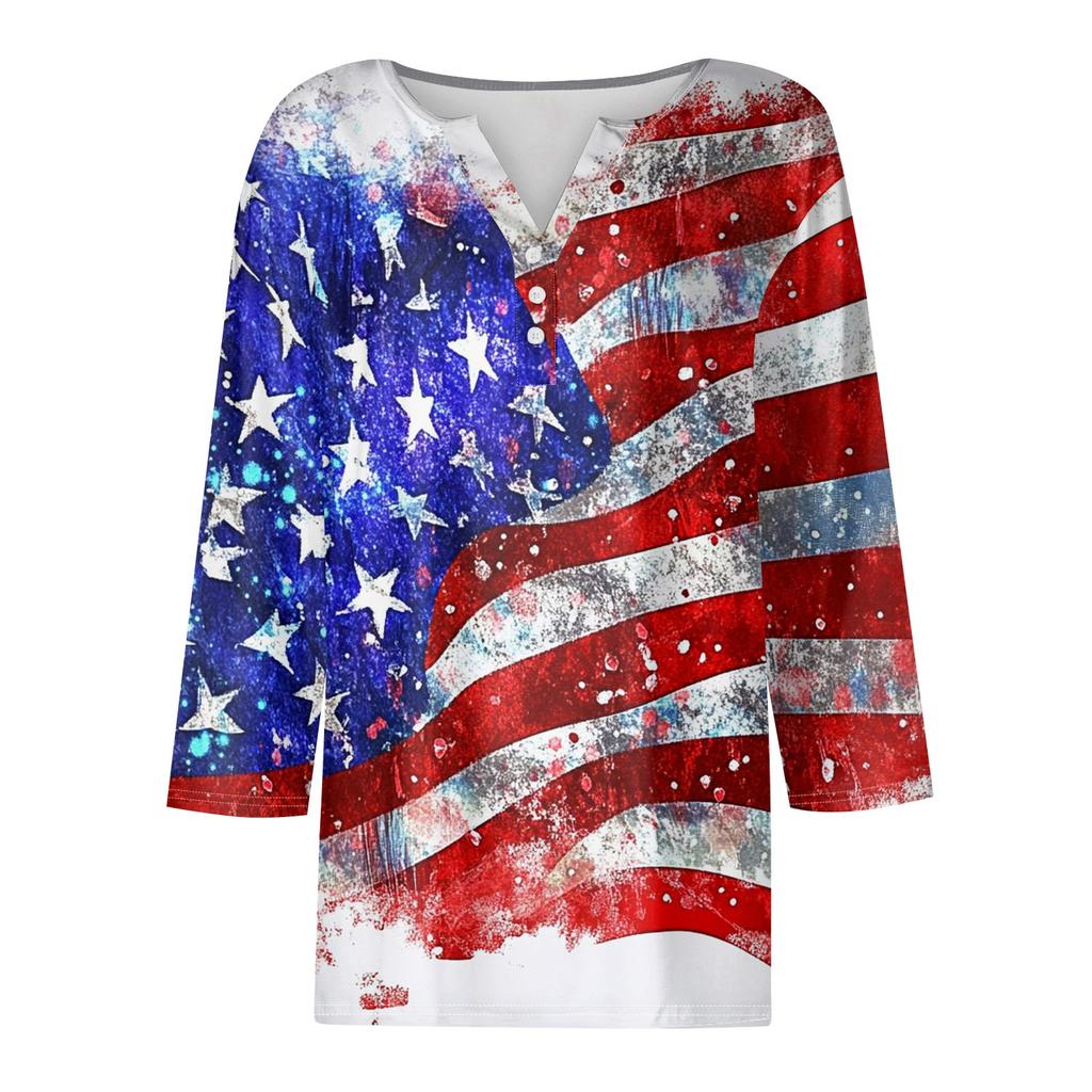 T-skjorte for kvinner T-skjorte med knapp 3/4 ermer Daglig helgmote Basic V-hals vanlig topp