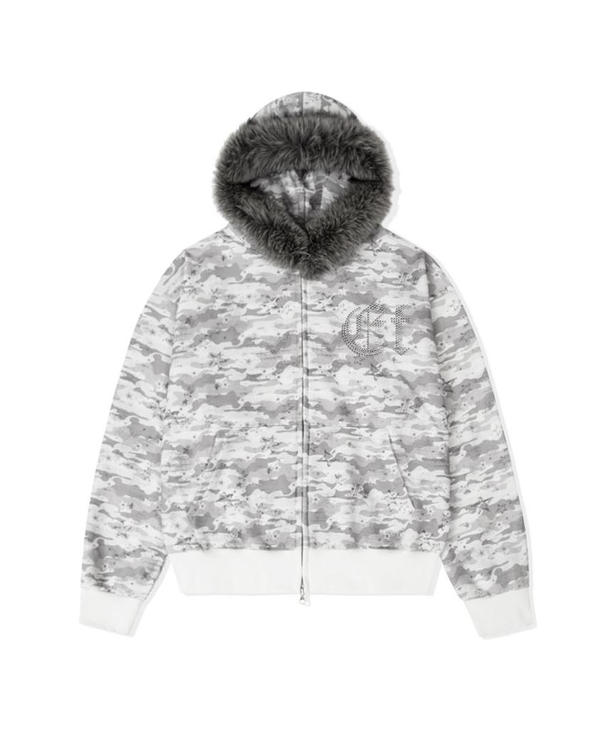 Escapefrom Vintage Star Damaged Camo Full Print Two-Way Fur Zip-Up [2 Colors]