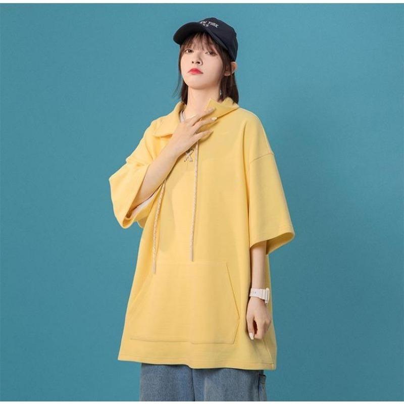 Women's Waffle T-shirt Summer Lapel Collar Drawstring Design Girls' Solid Tees Short Sleeve Casual Loose Oversized Tops