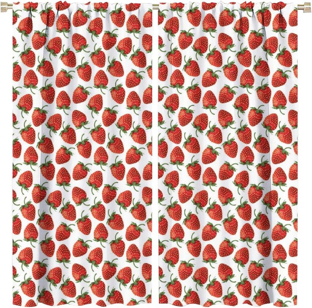 Boho Strawberries Curtains Cute Pink Bohemia Fruit Rod Pocket Blackout Window Treatment for Kitchen Living Room Girls Woman Room