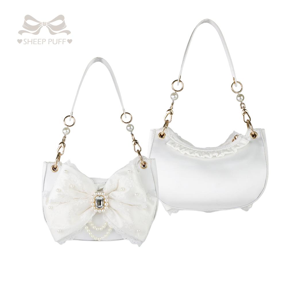 Women Pearl Chain Princess Underarm Bag With Bow And Rhinestone Lolita Shoulder Crossbody Sweet Fashion Daily Handbag
