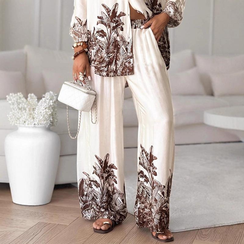 European & American Fashion Printed Cardigan and Wide-Leg Pants Set