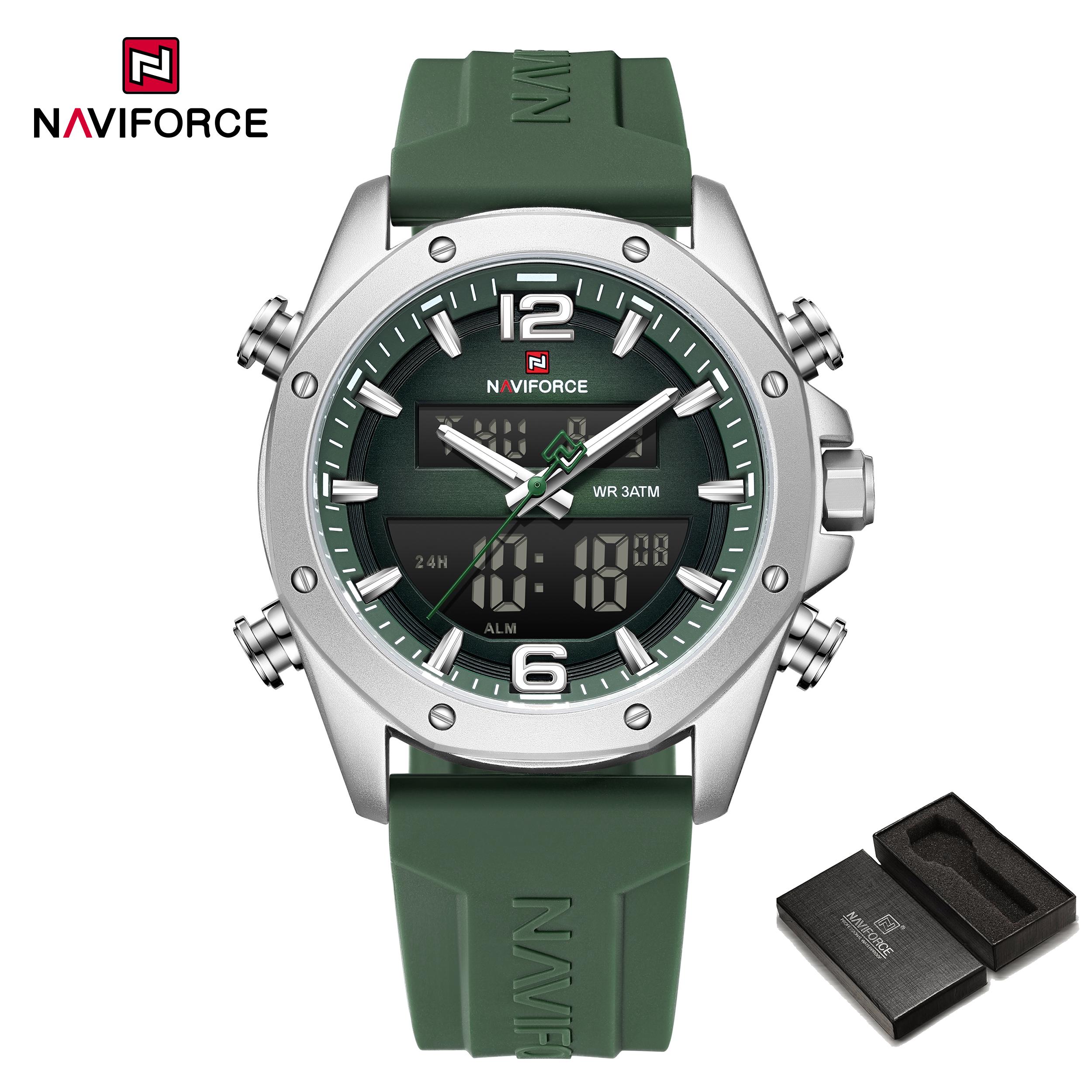 

Naviforce Оригінальний годинник з подвійним часом для чоловіків РК-цифровий годинник Кварцовий годинник Календар Дата Силіконовий ремінець Водонепроникний NF9264 срібний/зелений