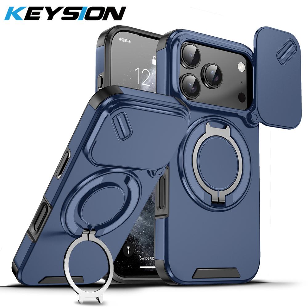 KEYSION 360° Rotating Ring Stand Phone Case for iPhone 17 Pro Max Silicone+PC Slide Camera Protection Magnetic Shockproof Cover