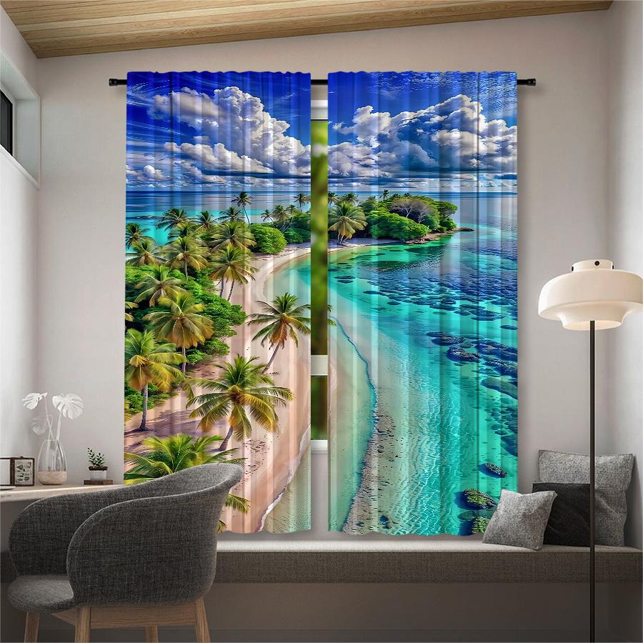 Sea View Pattern Printed Curtains   Pole Bag Curtains   Christmas Decorations   Daily Home Decorations   Room Decorations