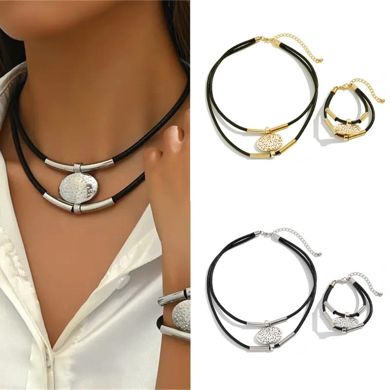 Bohemian Necklace Bracelet Set Vintage Multi Layer PU Leather Rope and Oval Metal Pendant Jewelry Accessories for Women