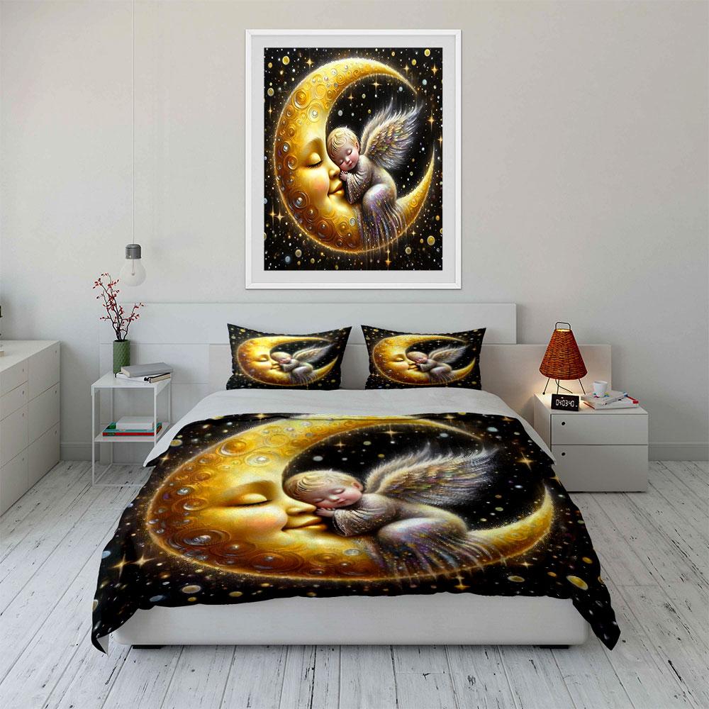 Angel Embracing Golden Crescent Printed Duvet Cover Set1 Duvet Cover+2 Pillowcasemulti Size Bedroom Bedding Decor Luxury Gifts