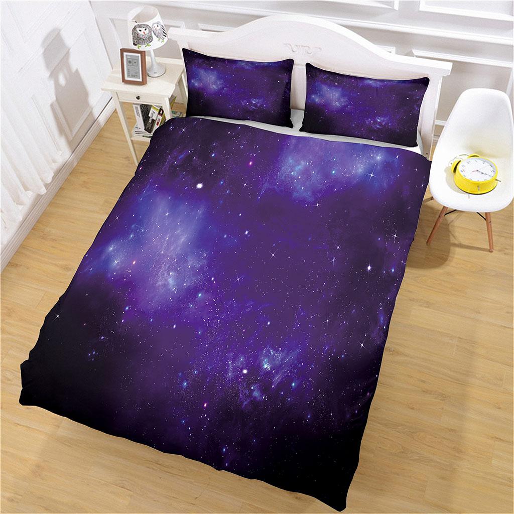 Queen Size 3D Galaxy Bedding Set Purple Star Duvet Cover 3Pcs For Boys Girls Bedroom Decor