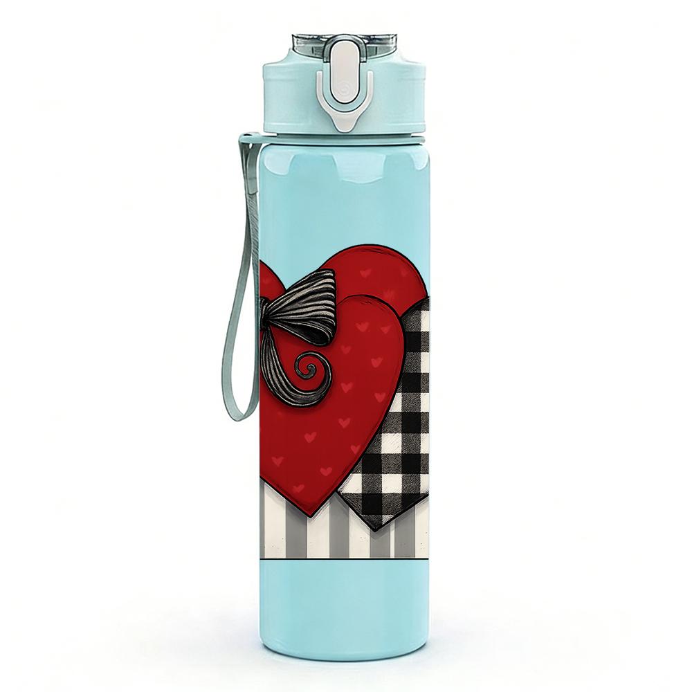 1PC Checkered Heart Ribbon 750ml Color Plastic Sports Water Bottle Leakproof Flip Straw Lid For Sports Office Home Use
