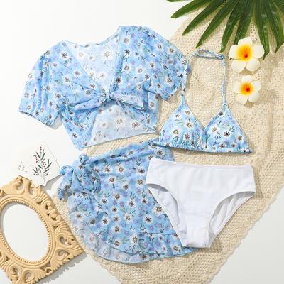 Meninas Maiôs 4 Peças Acolchoado Biquíni Maiô com Saia Cover Up Floral Estampa Praia Surf Tankini Swimwear