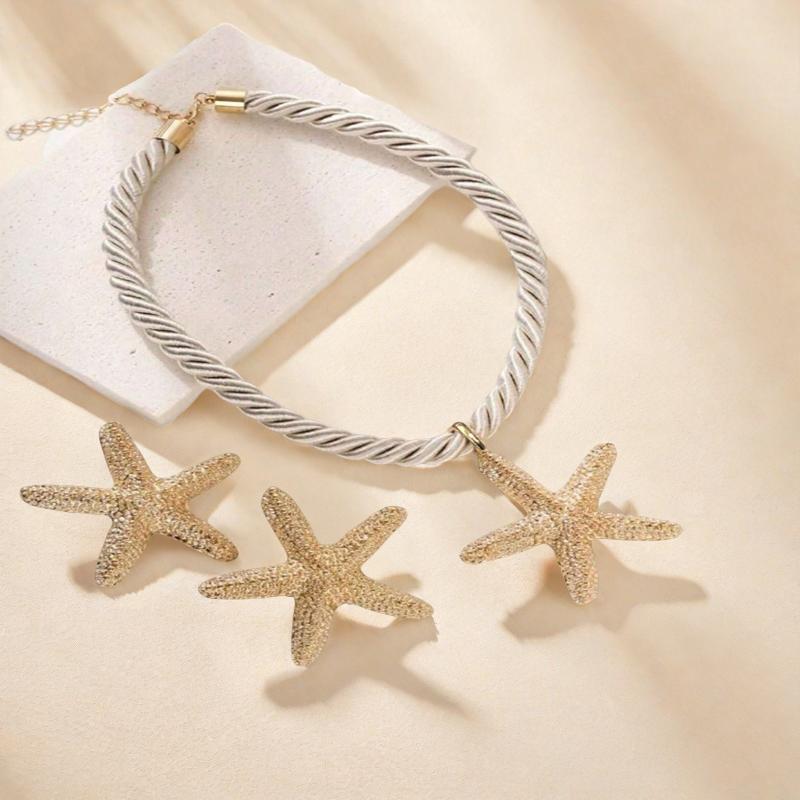 Boho Colorful Metal Oil Drop Big Starfish Pendant Rope Chains Necklace For Women Summer  Jewelry Set Gifts