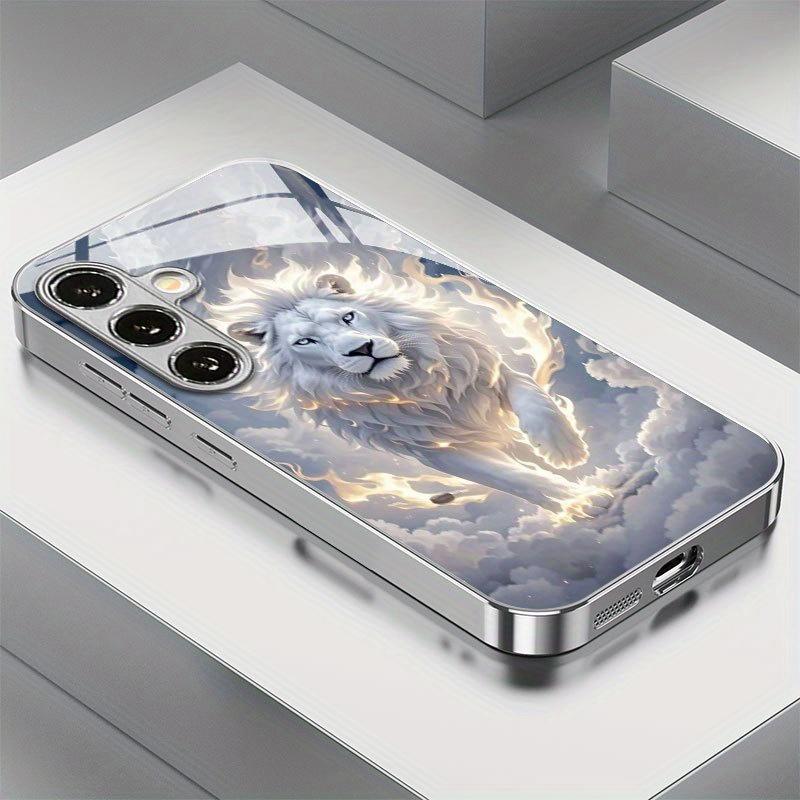 Fashionable white lion design glass phone case suitable for Samsung Galaxy S26 S25 S24 S23 S22 S21 S20FE/Ultra/Plus anti scratch