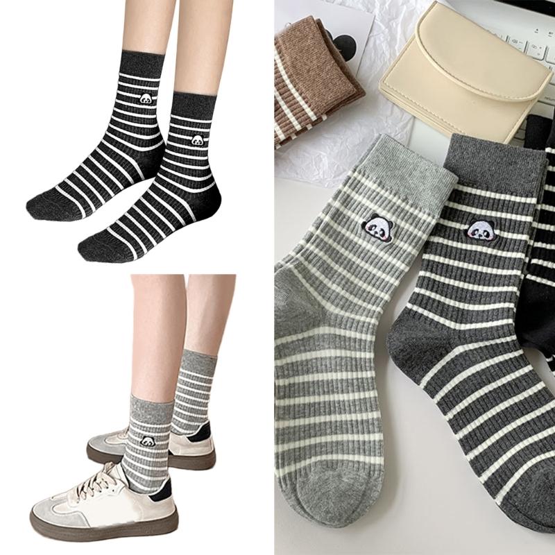 Striped Cotton Crew Socks with Cute Panda Embroidery for Women and Teens Korean Preppy Student Middle Tube Socks Hosiery