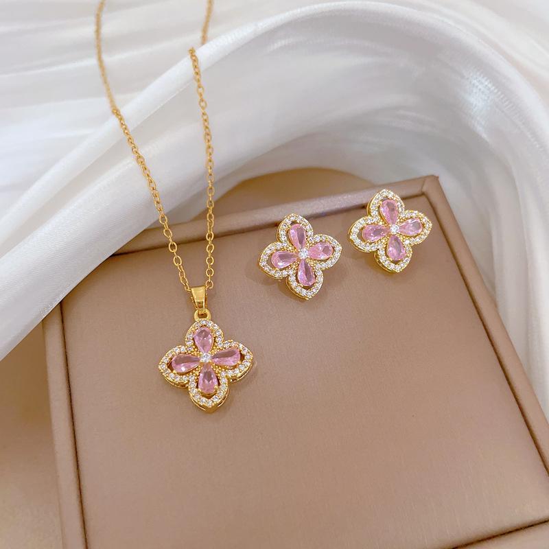 Necklace Earrings Set Light Luxury Full Diamond Four-Leaf Flower Zircon Personality Temperament Banquet Earrings Necklace Group