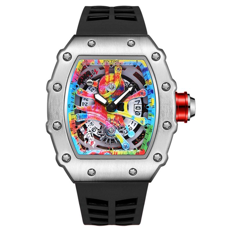 PINTIME Fashion Mens Tonneau Watch Hollow Punk Chronograph Sports Wristwatch Luxury Designer Mens Quartz Silicone Watches PINTIME Mens Luxury Tonneau Fashion Hallow Punk Graffiti Art Dial Hip-hop  Unique Sports Wrist Watch Japanese Movement Luminous Design with Silicone