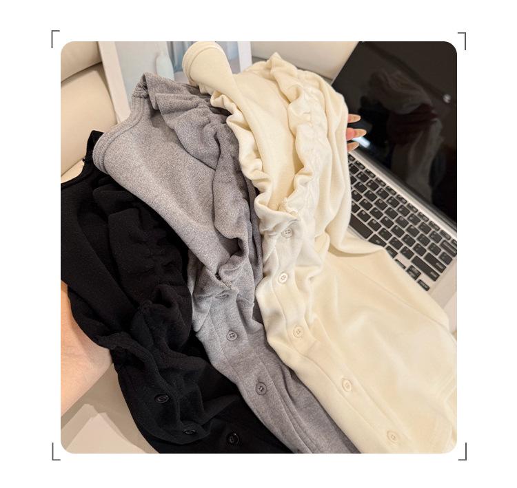 Korean Elegant Ruffle V-Neck Cardigan Women's Slimming Base Layer T-Shirt Top for Autumn/Winter