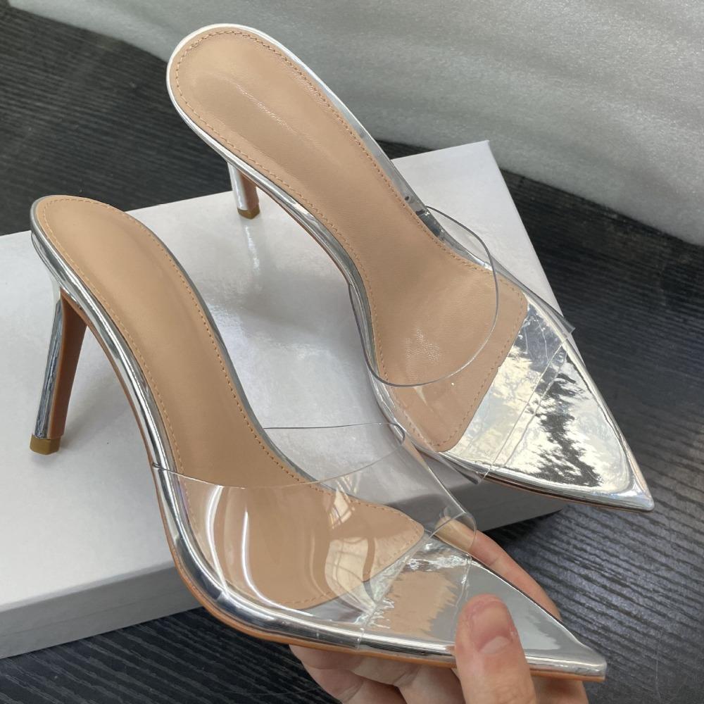 Women's High Heeled Slippers Outside Simple Transparent Slippers Thin Heel Pointed High Heeled Sandals Women Rhinestone Slippers