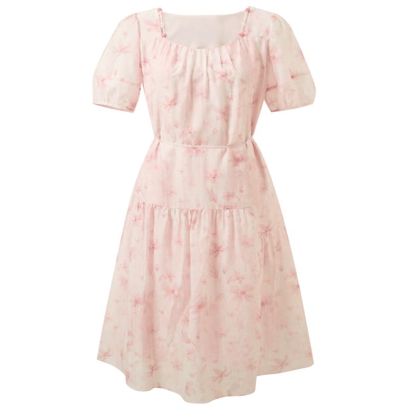 Sancai Lyocell Floral Short Sleeve A-Line Midi Dress S