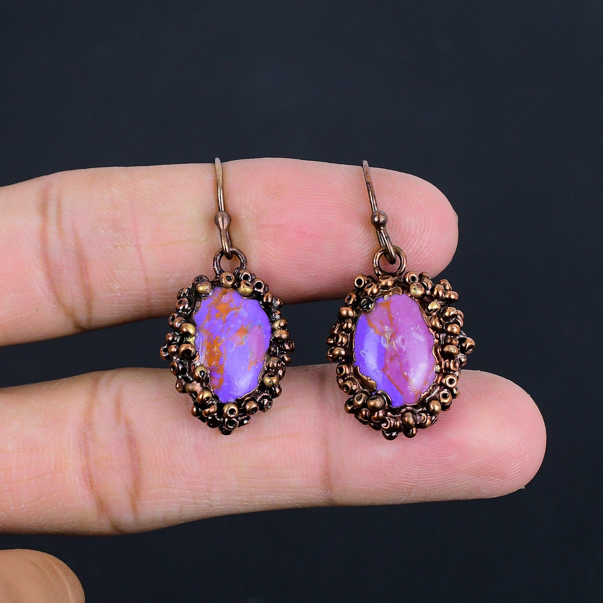 

Purple Copper Turquoise Earrings, Copper Electroformed Jewelry, Gemstone Earrings, Gift For Her Handmade Dainty Jewelry 2.55 Inches
