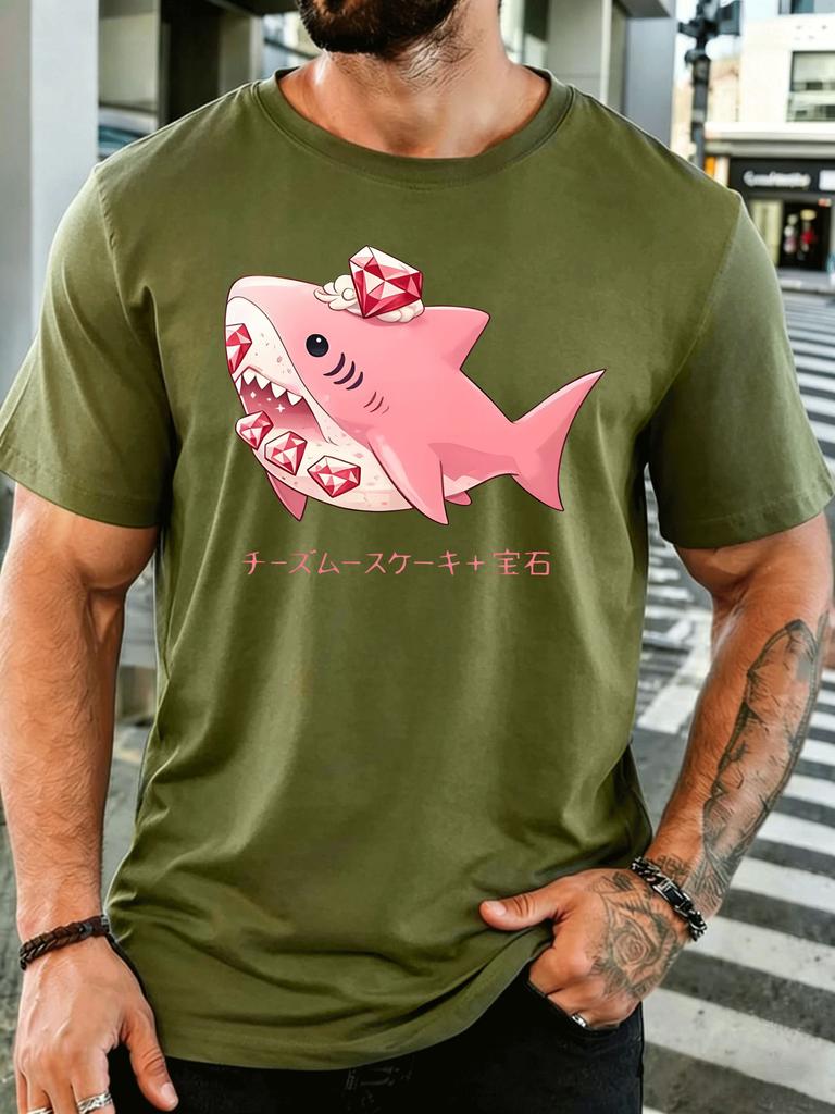 Cute Pink Shark With Red Gems Unisexs Front T Shirt Japanese Text Sea Animal Graphic Tee Casual Short Sleeve Top Shark Lover Gift