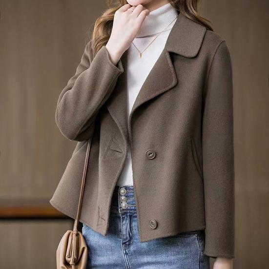 Women Jacket Lapel Solid Color Single-breasted Double-sided Woolen Coat Loose Thermal Short Type