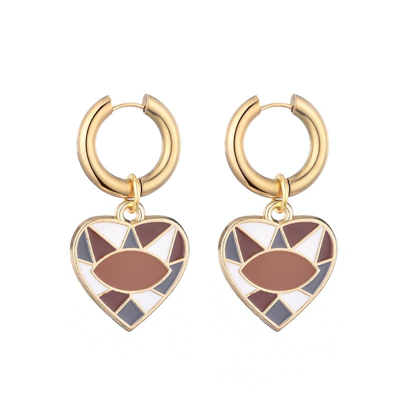 New Colorful Eye Love Heart Stainless Steel Hoop Earrings For Women Vintage Statement Enamel Gold Color Pendant Earrings Zircon
