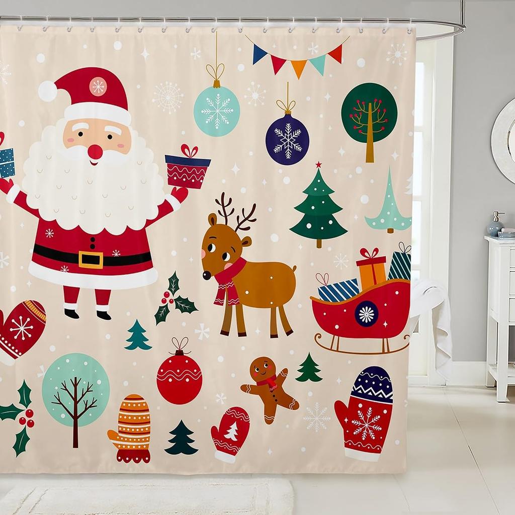 Christmas Shower Curtain Funny Santa Claus Shower Curtain Retro Xmas Holiday Washable Bathroom Decor Bath Curtain With Hooks