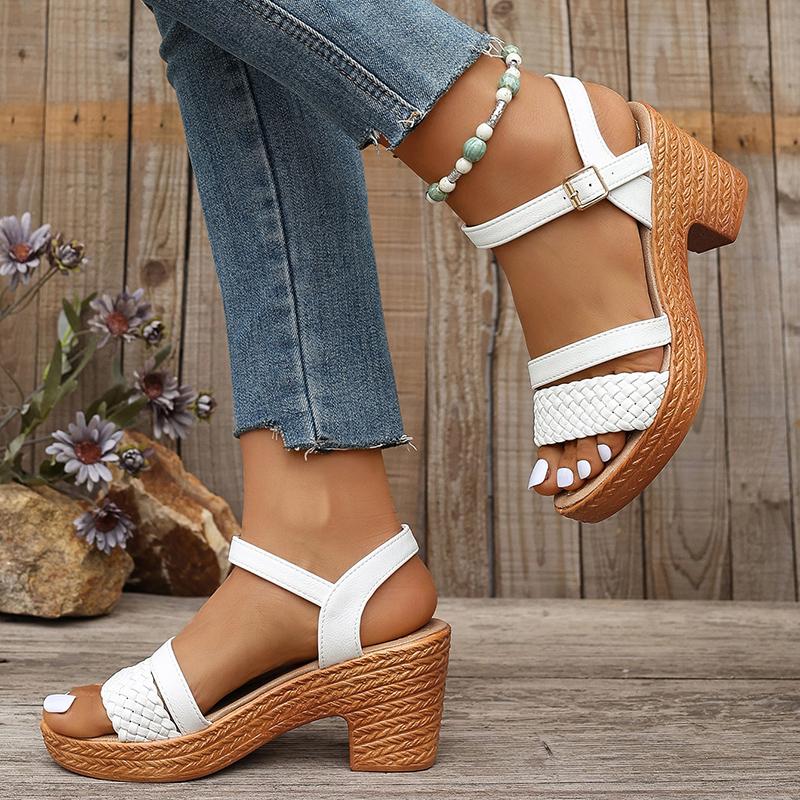 fashion Women's Braided Chunky Heel Sandals Summer 2024 Ankle Strap Platform Gladiator Sandals Woman Roman Weaving High Heeled Sandalias