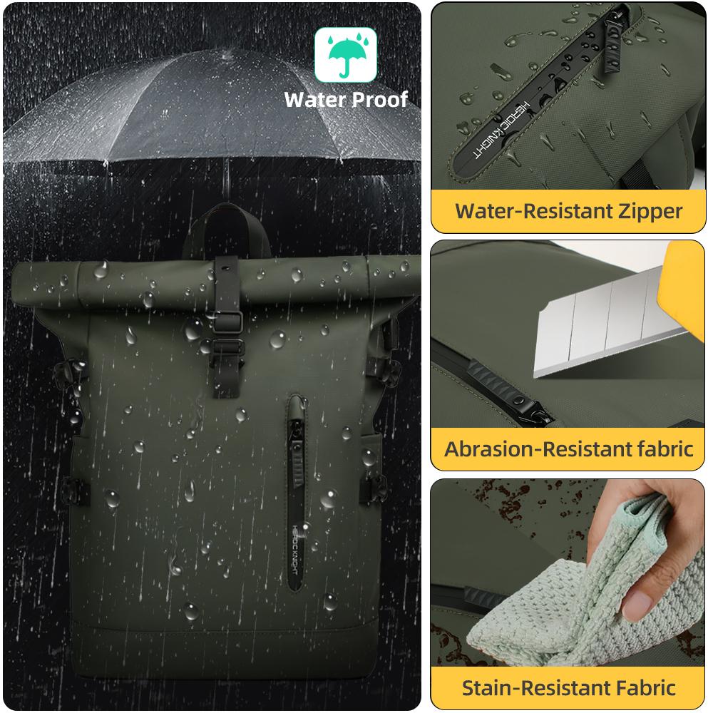 Heroic Knight Large Capacity Expandable Travel Backpack Men Waterproof Roll-top Design Backpack for 15.6" Laptop Fashion Leisure Sports Backpack