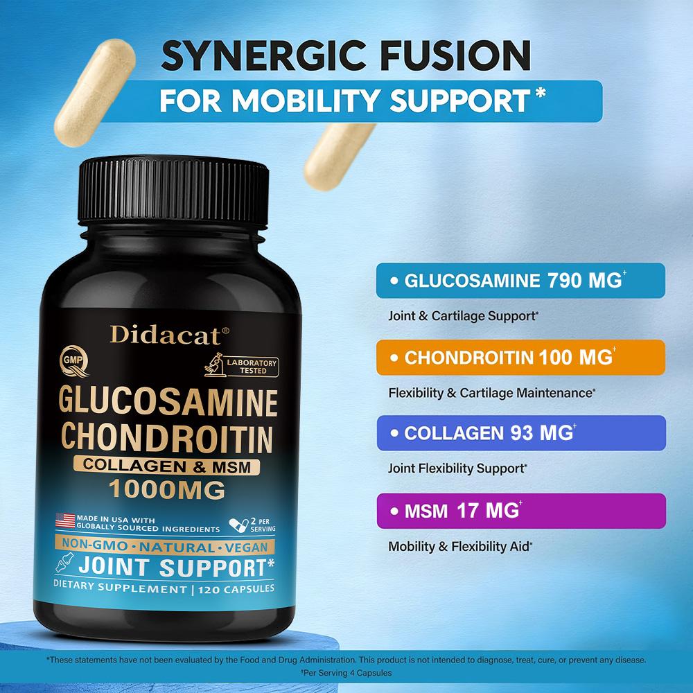 1000mg Glucosamine Chondroitin Supplement, Collagen Support, 120 Capsules