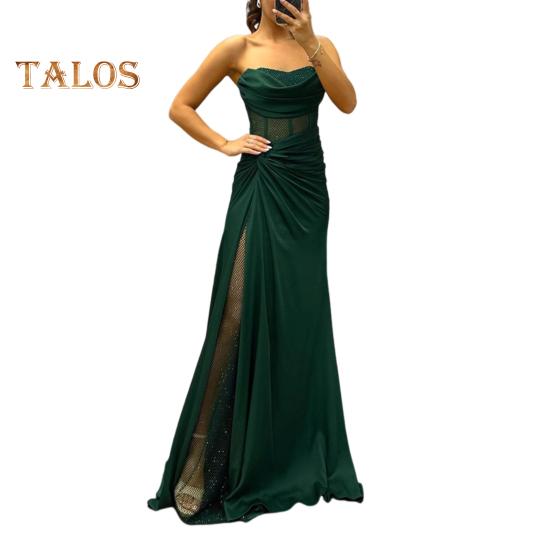 Vestido de noche para mujer, estilo bandeau, sin mangas, con hombros descubiertos, plisado, con nudo, de malla, con parches, brillante, con lentejuelas, vestido de baile de satén, largo hasta el suelo, para banquetes y fiestas de graduación