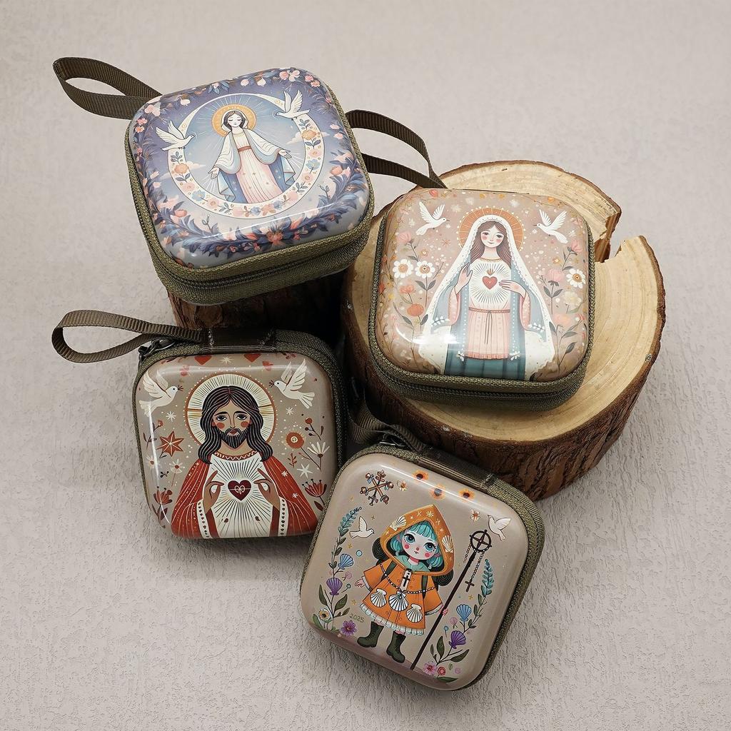 Square Cartoon Rosary Bag 7X7cm Thickness 3.3cm Feather Zipper Storage Box