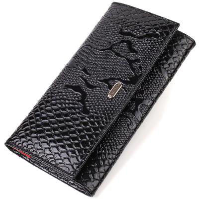 Elegant Patent Leather Wallet for Women Made of Genuine Textured Leather with Reptile Embossing CANPELLINI 21826 Black