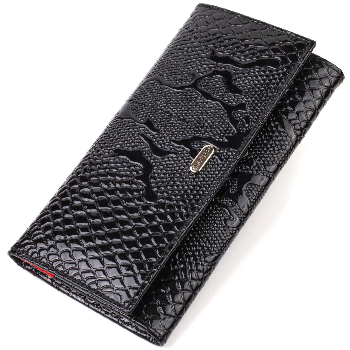 

Елегантний лакований гаманець для жінок із натуральної фактурної шкіри з тисненням під рептилію CANPELLINI 21826 Чорний