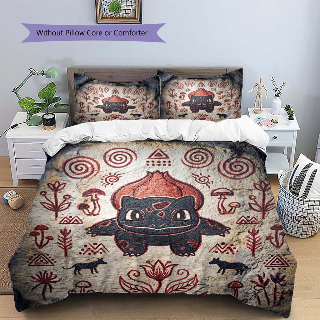 Bulbasaur Pattern Bedding Quilt Set Quilt Cover Pillowcase Home Decoration Birthday Gift (1 * Duvet Cover + 2 * Pillowcase, Without Core)