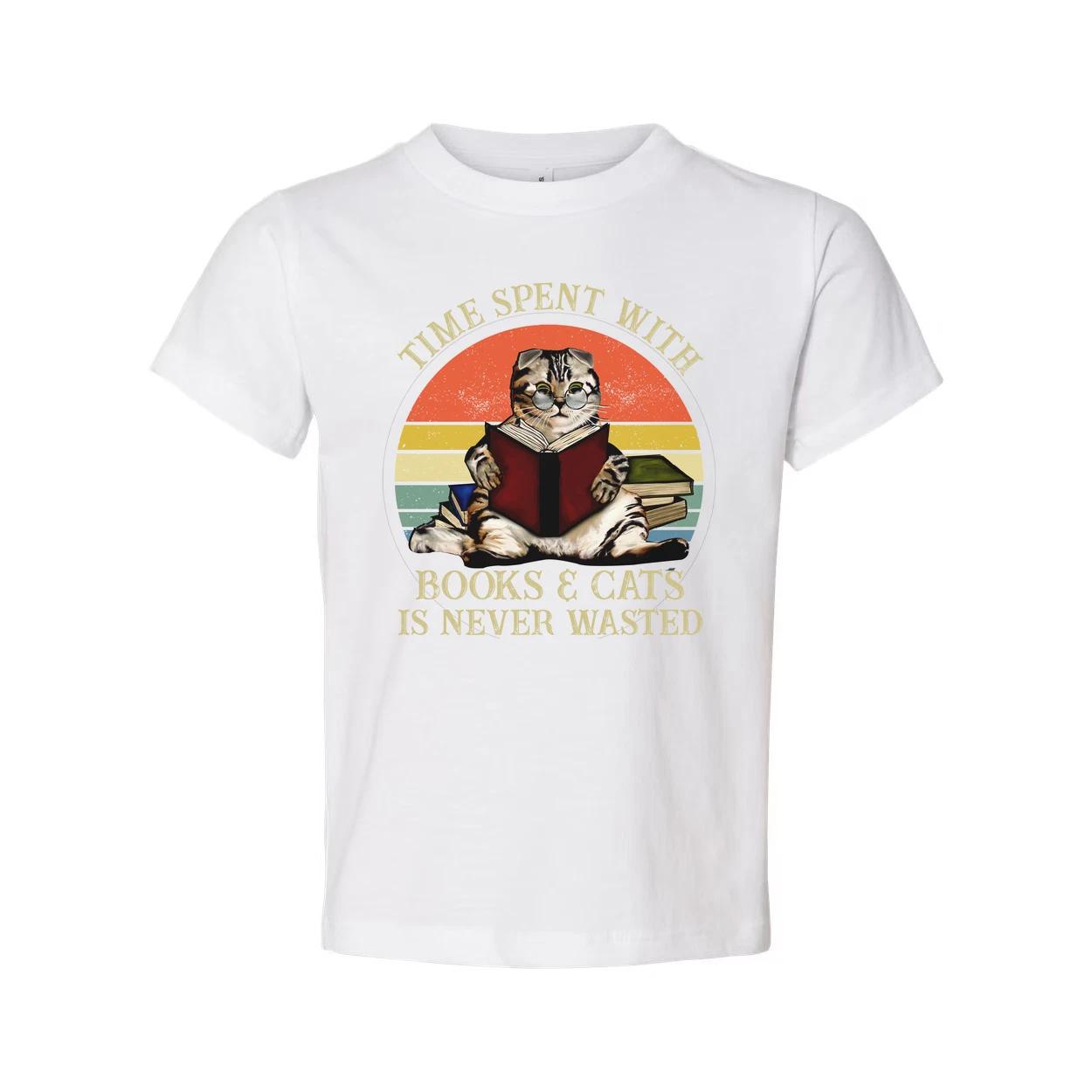 

Unisex T Shirt Time Spent With Books And Cats Is Never Wasted Casual Graphic Tee S