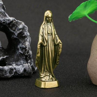 Vintage Brass Blessed Virgin Mary Figurines Miniatures Desktop Ornaments Holy Mother Small Statue Home Decorations Crafts