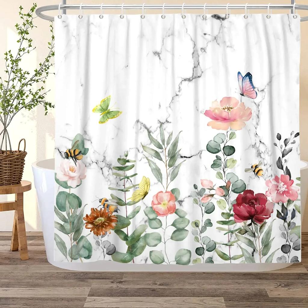 Floral Shower Curtains for Bathroom Pink Plant Flowers Watercolor Butterfly Wildflower Botanical Bathroom Curtain Set,Waterproof