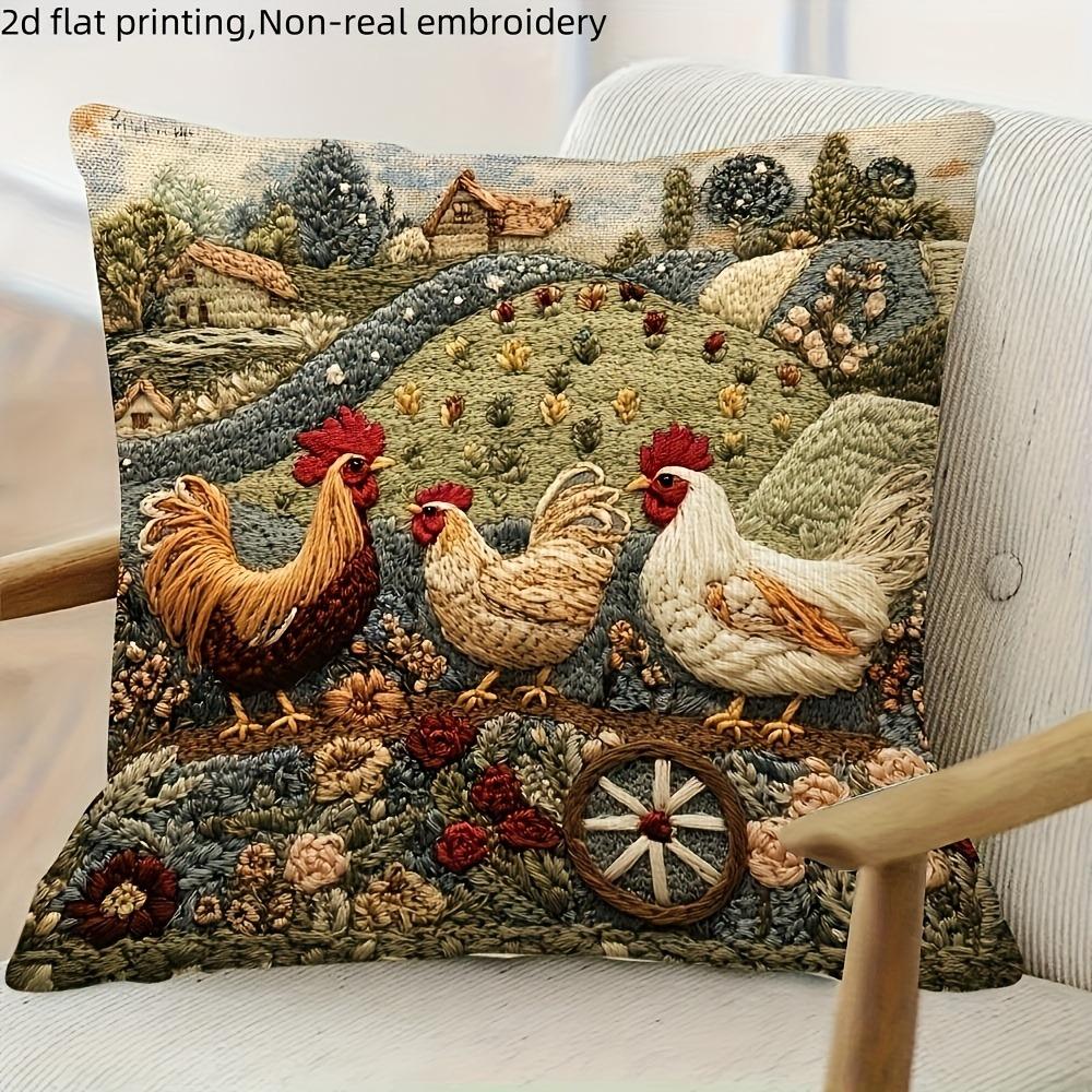 Farmyard Charm: 2D Flat-Printed Pillow with Stylish Chickens and Scenic Design Sofa cushion cover, home decoration, 2D printing