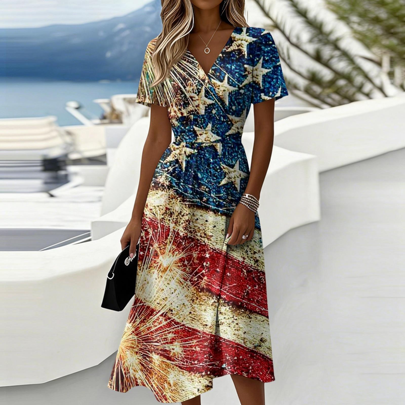

Women s Independence Day Print Casual Fashion Short Sleeve V-Neck Dress XXXL червоний