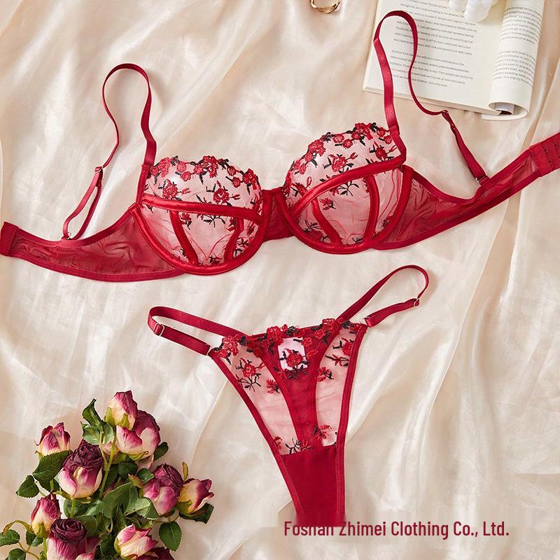 סט חזייה תחרה צרפתית עם ברזלים - דק במיוחד, שקוף, סט תלת-נקודות 24088