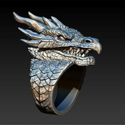 Gepersonaliseerde creatieve dominante en felle mannen Dragon Ring Ring Silver Dragon Head Ring