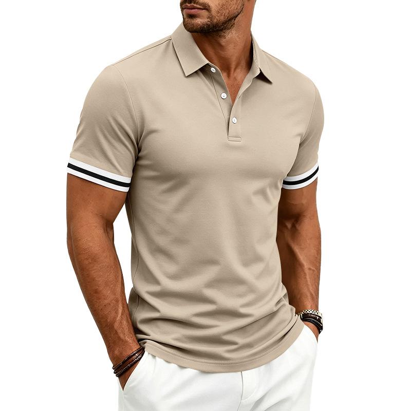 Herren Kurzarm Poloshirt Klassische Passform Button-Down-Kragen Lässiges Sommeroberteil mit gestreiftem Ärmeldetail