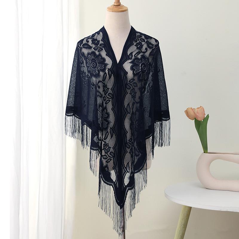 Summer Transparent Lace Flower Tassel Scarf Mesh Yarn Cheongsam Shawl Triangle Neck Scarves Neckerchief Head Scarf